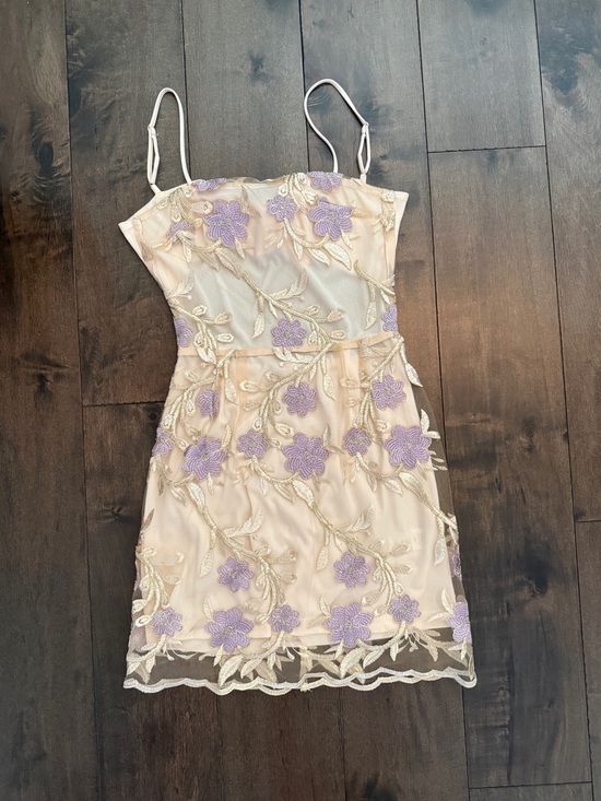 Lucy in the Sky Dresses & Skirts - Lucy in the Sky Cream Mini Dress with Lavender Floral Appliqués